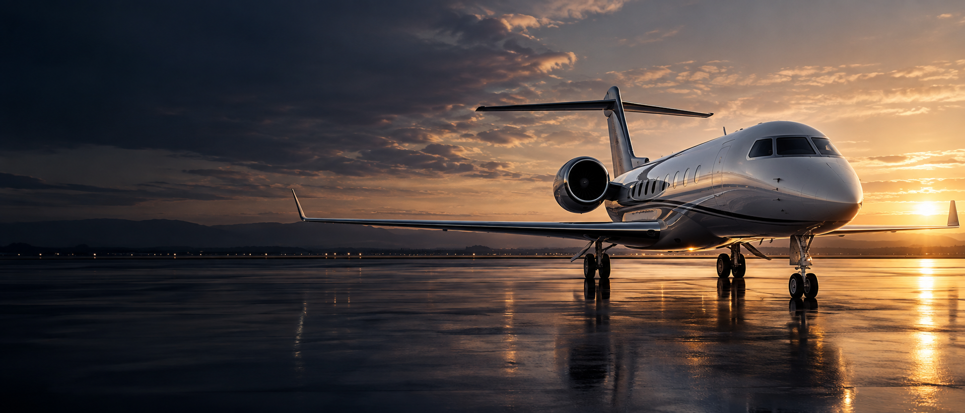 Private jet on the apron at sunrise